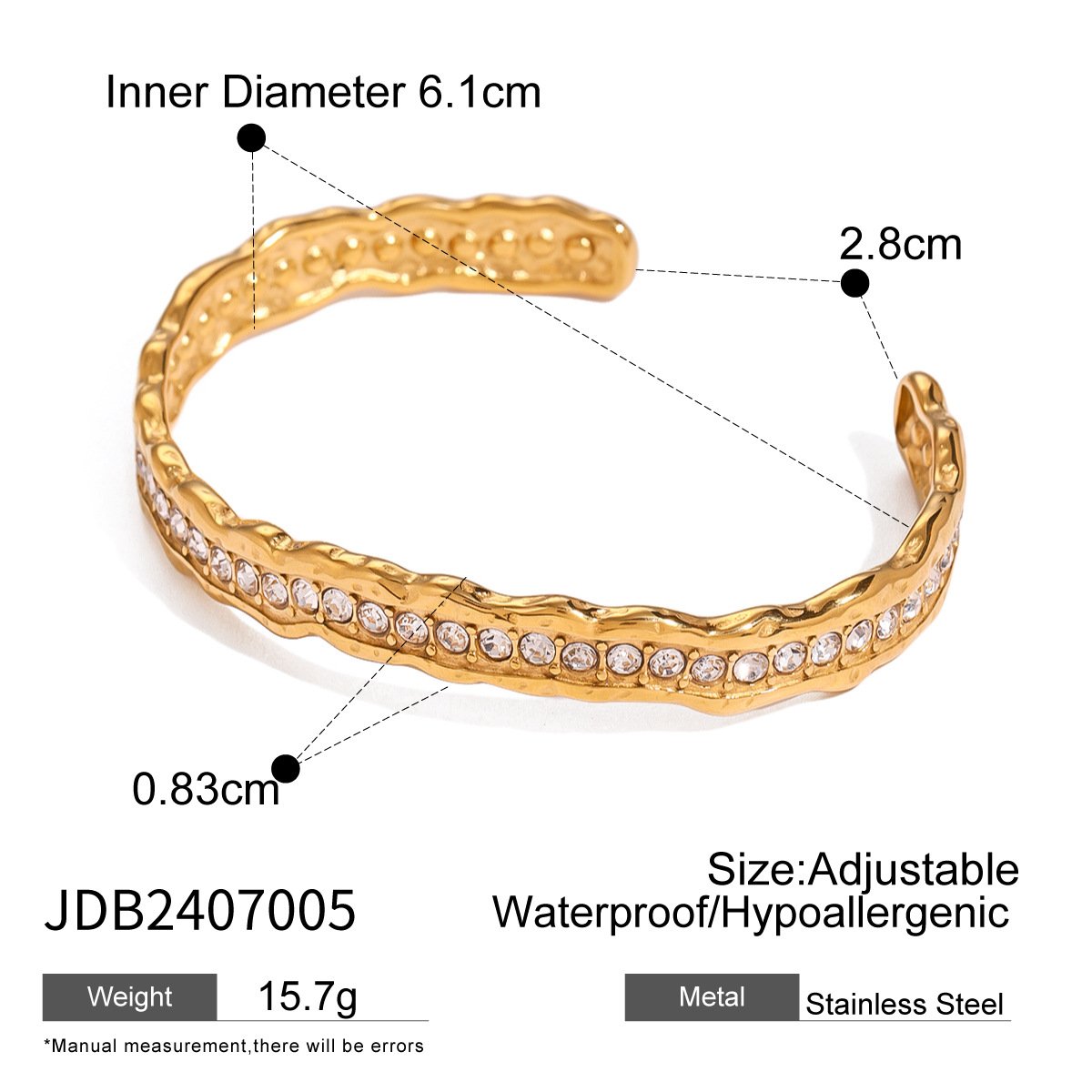Crystal Row Gold Open Bangle Bracelet